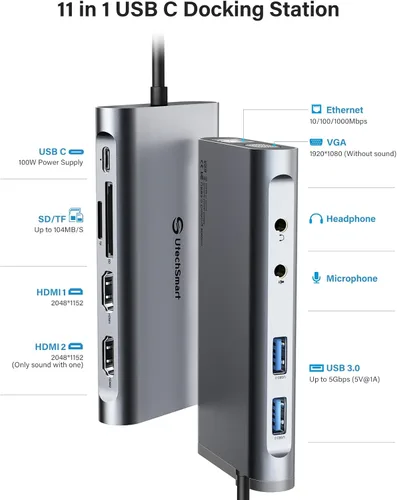 Miniatura 3 de UtechSmart Estación de acoplamiento USB, 11 en 1 USB C Dock triple pantalla, estación de acoplamiento USB 3.0 para laptop con doble HDMI, VGA, PD