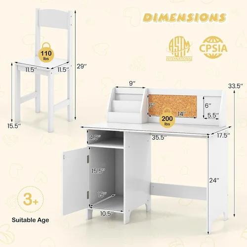Miniatura 3 de Costzon Juego de escritorio y silla para niños, mesa de estudio de madera para niños con almacenamiento, gabinete, tablero de anuncios de corcho