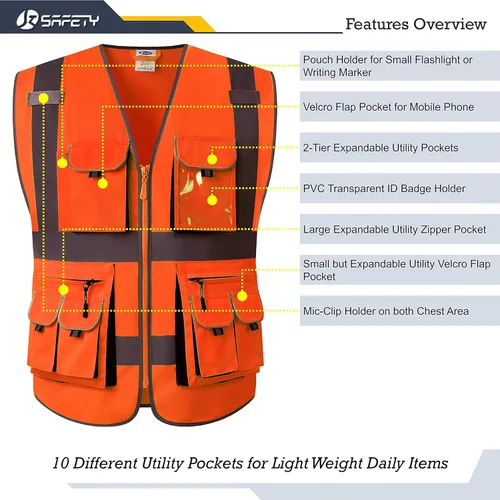 Miniatura 3 de JKSafety Chaleco de seguridad frontal con 10 bolsillos clase 2 de alta visibilidad con tiras reflectantes, cumple con los estándares ANSI/ISEA