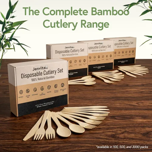 Miniatura 8 de Juego de cubiertos 100% de bambú - Juego de 100 cubiertos compostables