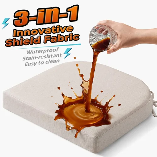 Miniatura 2 de downluxe Cojines para sillas de comedor, almohadillas de lino de espuma viscoelástica para sillas de cocina con lazos, cubierta impermeable, Beige