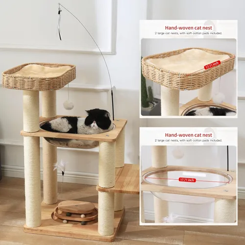 Miniatura 4 de Torre de árbol de madera para gatos con cápsula espacial, nido de cesta tejida a mano, juguete de plumas, bolas colgantes, postes de sisal, escalada