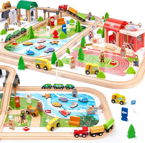 Miniatura 10 de Juego de tren de madera de 61 piezas para niños pequeños de 3 a 8 años, pista de tren expandible de doble cara con rompecabezas y juguetes de pesca