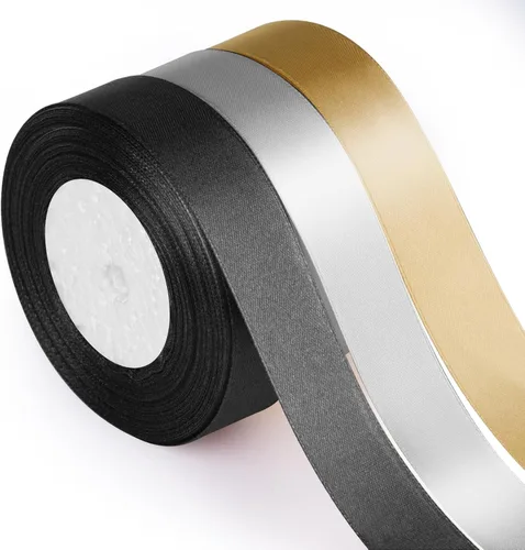 ASTARON Cinta de satén para manualidades de 1 pulgada, cinta de tela de color negro dorado sólido para regalos, ramos de flores, envoltura, lazos