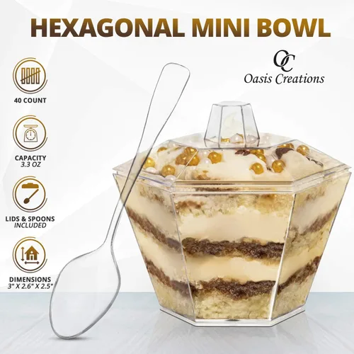 Miniatura 4 de Oasis Creations Mini tapas y cucharas hexagonales incluidas, 3.3 onzas, 40 unidades, plástico transparente, seis caras, taza de flores, taza