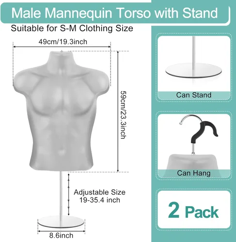 Miniatura 2 de Geetery Paquete de 2 maniquíes masculinos con soporte de espalda hueca y cuerpo de maniquí blanco para venta al por menor, exhibición de camisetas