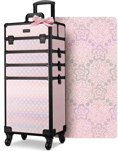 Miniatura 48 de BYOOTIQUE estuche rodante para maquillaje 4 en 1, con cerradura, maletín tipo trolley para cosméticos, con 4 ruedas extraíbles, organizador de viaje