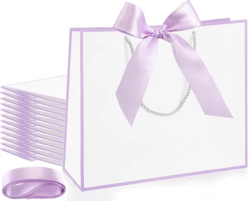 Miniatura 22 de Silkfly 12 bolsas de regalo con asas para dama de honor, 12 x 10 x 4 pulgadas, elegantes bolsas de regalo de bienvenida de boda con lazo para Rosa