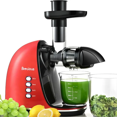 Exprimidor de masticación lenta, exprimidores de prensa fría Brecious con 2 modos de velocidad y motor silencioso, máquinas exprimidoras de Rojo