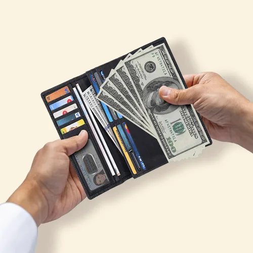 Miniatura 4 de Cartera de cuero genuino para mujer de cuero con bloqueo RFID - Tarjetero triple de diseñador para damas tipo clutch con ventana de identificación