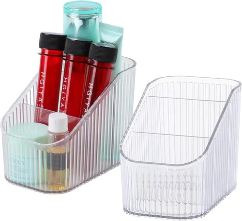 Miniatura 17 de Organizador de brochas de maquillaje ámbar para tocador, organizador de encimera de baño, 5 tazas, almacenamiento y exhibición de artículos