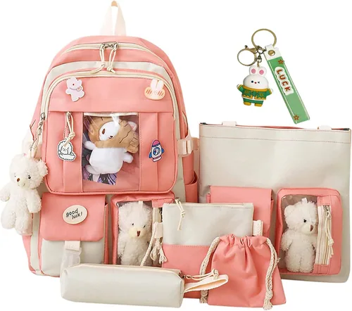 Miniatura 9 de Mochila Kawaii de 5 piezas, bolsa deportiva estética de 17 pulgadas con bonita mochila, bolsa de hombro, caja de lápices, bolsa de mano, bolsa