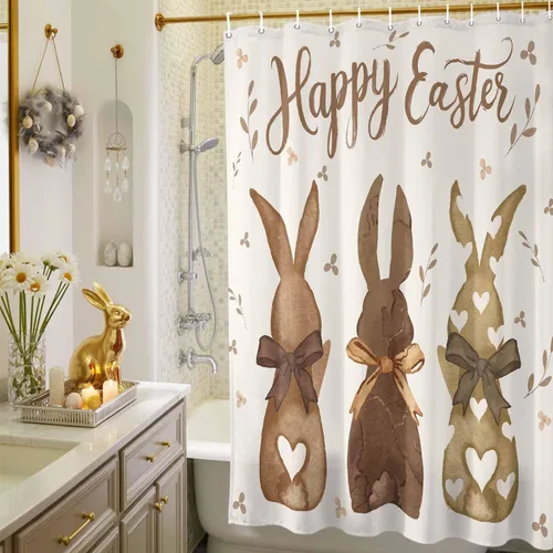 Miniatura 5 de LooPoP Cortina de ducha de Pascua con ganchos, tela impermeable, diseño de flores, zanahoria, conejo, juego de cortinas de ducha para baño, bañeras