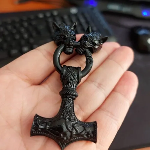 Miniatura 3 de Black Viking Odin Thunder Hammer And Roaring Wolf Head Mjolnir Thora's Hammer Amulet Necklace Viking Jewelry