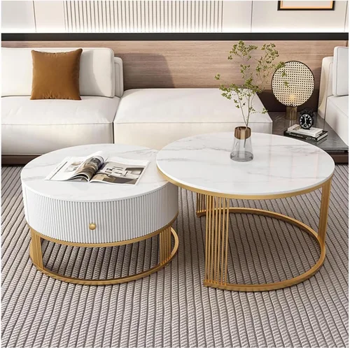 Mesa Slate - Juego de 2 mesas auxiliares anidables con 1 cajón y metal resistente y patrón de mármol blanco, mesa auxiliar redonda para sala de