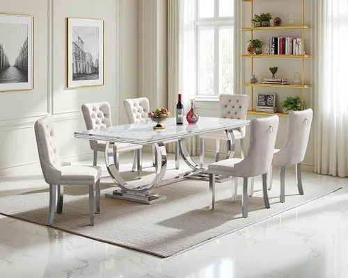 Miniatura 50 de Juego de mesa de comedor de 5 piezas para 4, mesa de cocina de mármol negro de 68 pulgadas con 4 sillas beige, mesa de comedor rectangular moderna