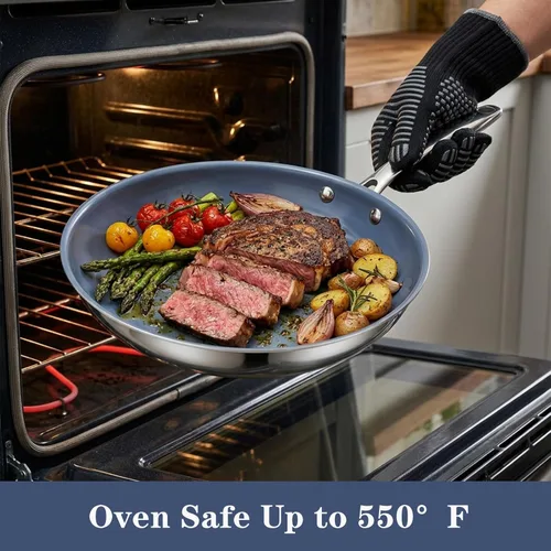 Miniatura 5 de Sartén antiadherente de acero inoxidable, sartén de 10 pulgadas con revestimiento cerámico saludable y no tóxico con tapa, funciona en cocinas