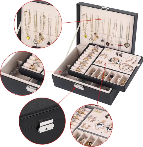 Miniatura 2 de Joyero para mujer cuero con candado organizador portátil de joyas de 2 capas y caja de almacenamiento collares pulseras anillos soporte para aretes