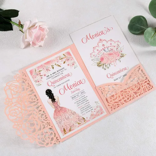 Miniatura 6 de Juego de 50 invitaciones de quinceañera rosa personalizadas de 4.7 x 7 pulgadas, cortadas con láser, tarjetas de invitación de quinceañera