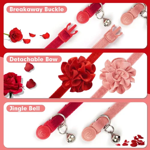 Miniatura 7 de azuza Paquete de 2 collares de gato floral con campana y corbatín de flores extraíble, ajustable, tela de terciopelo para mascotas, decoración