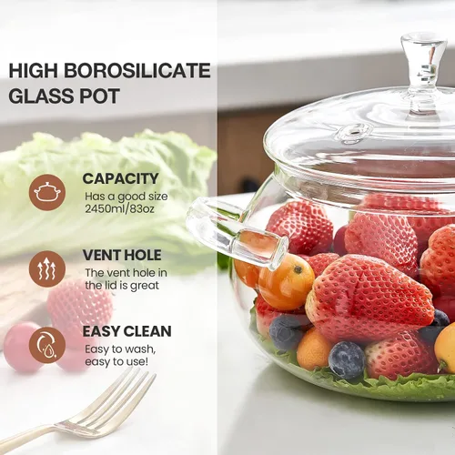 Miniatura 5 de Olla de vidrio de borosilicato, cacerola de 2.5 cuartos con tapa, apta para microondas, estufa y lavavajillas