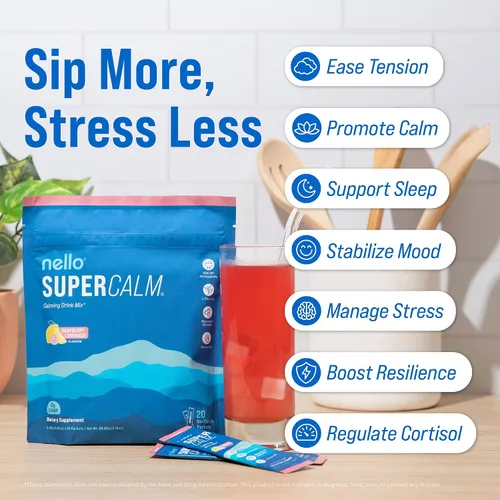 Miniatura 3 de Nello Supercalm - Mezcla de bebida en polvo, reductor de cortisol y ayuda para dormir, L Teanina, Ashwagandha Ksm-66, Magnesio Glicinato, Vitamina