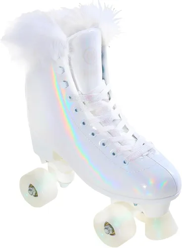 Miniatura 8 de JajaHoho Patines de ruedas para mujer, piel sintética blanca holográfica de alta calidad, patines de doble fila con cuatro ruedas brillantes