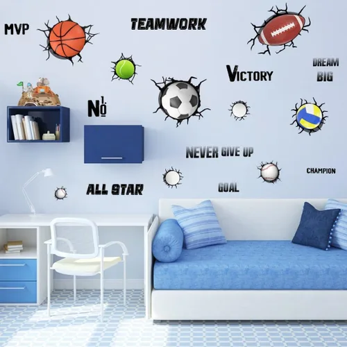 Miniatura 5 de YIMEHDAN Calcomanías de pared de pelotas deportivas 3D, fútbol, voleibol, rugby, baloncesto, tenis, vinilo para pared, diseño deportivo extraíble