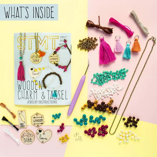 Miniatura 2 de STMT Kit de Arte y Manualidades de Joyería DIY de Dijes de Madera y Borlas por Horizon Group USA, Diseña y Crea 10 Piezas de Joyería de Chica Vsco