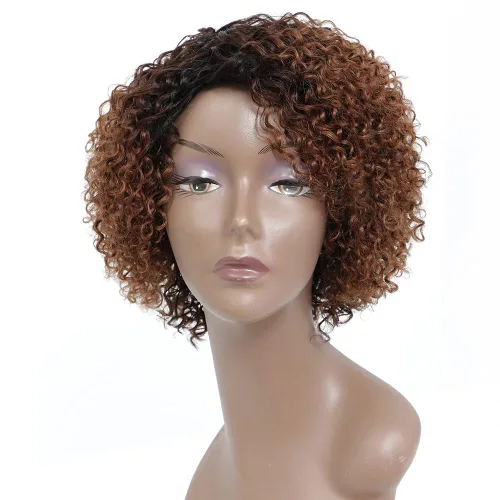 Miniatura 15 de Pelucas de cabello humano rizado brasileño de 10 pulgadas para mujeres negras, peluca corta sin pegamento con color natural, 100% cabello humano