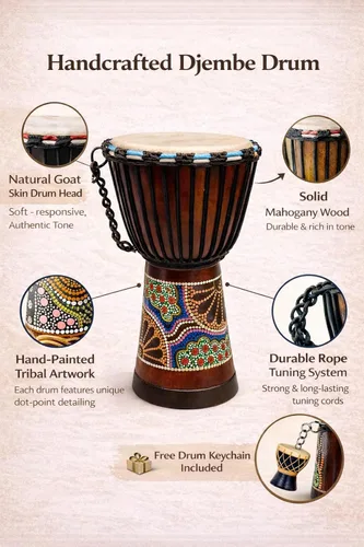 Miniatura 2 de Tambor Djembe – Tambor de mano africano de 16 pulgadas de alto, sonido profesional y calidad, madera de caoba tallada a mano con cabeza de piel