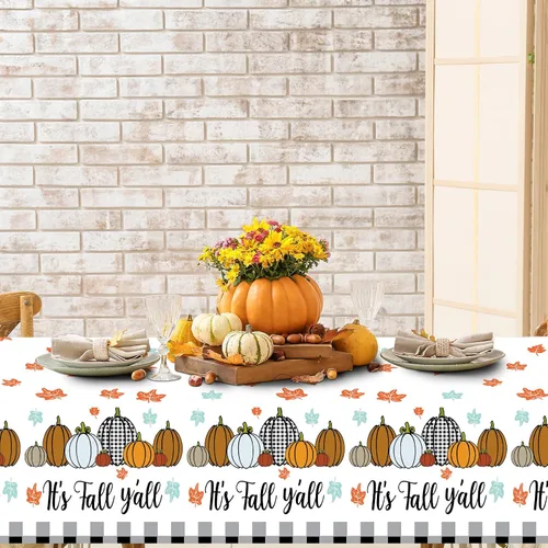 Miniatura 5 de Buryeah 3 manteles de plástico desechables de Acción de Gracias y otoño, mantel de arce a cuadros de calabaza, 51 x 86.6 pulgadas, rectangular