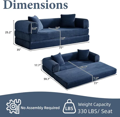 Miniatura 2 de 4-in-1 Convertible Folding Sleeper Sofa Bed, Fold Out Floor Sofa Couch with Fixed-Shape Frame, Cloud Corduroy Foldable Mattress Couch for Living