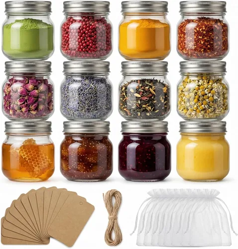Miniatura 7 de Tarros Mason de 8 onzas, pequeños frascos de vidrio con tapas, tarros de conservas con cubiertas de metal herméticas para mermelada, miel, especias