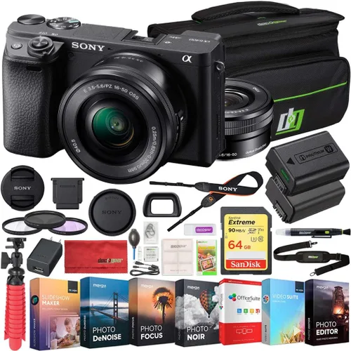 Sony a6400 - Paquete de cámara sin espejo con lente de 16-50 mm, tarjeta de memoria de 64 GB, suite de edición de fotos y videos, bolsa para cámara,