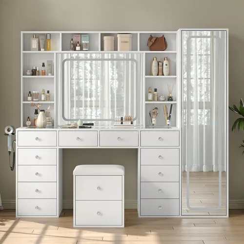 Miniatura 12 de Yanosaku Espejo LED de longitud completa de 47 x 65 pulgadas con toma de corriente, 8 cajones y 8 estantes para dormitorio/guardarropa, regulable e