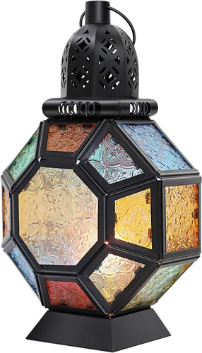 Miniatura 10 de Lewondr Farol de vela retro de hierro Ramadán, portátil de hierro forjado marroquí, de 10.2 pulgadas, portavelas decorativo, lámpara colgante