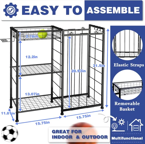 Miniatura 8 de Organizador de equipo deportivo, estante de almacenamiento de pelotas con correas elásticas y canasta removible para organización de garaje