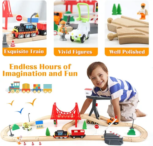 Miniatura 2 de WOOD CITY Juego de tren de madera, 56 piezas de lujo para niños de 2, 3, 4, 5 años, pista de tren temática de carga con grúa torre y puente