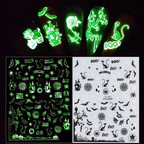 Miniatura 3 de Calcomanías de uñas de Halloween, que brillan en la oscuridad, calcomanías de uñas luminosas 3D, autoadhesivas, calabaza, calavera, murciélago