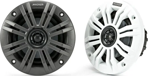 KICKER KM4 - Altavoces coaxiales marinos de 4 pulgadas (3.937 in) con tweeters de 1/2 pulgada (0.512 in), rejillas de 4 ohmios, carbón y blanco