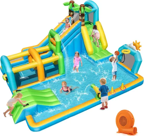 Miniatura 11 de BOUNTECH Parque inflable de tobogán acuático, castillo hinchable de tobogán acuático 9 en 1 con piscina grande, carrera de obstáculos, tobogán