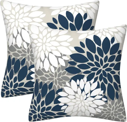 Miniatura 21 de Juego de 2 fundas de almohada decorativas de dalia azul marino, rojo, gris, dalia floral, para interiores y exteriores, funda de almohada