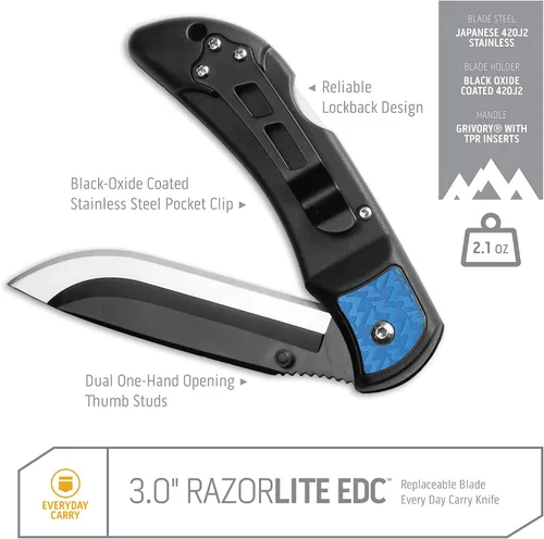 Miniatura 8 de Outdoor Edge 3.0" RazorLite EDC - Navaja plegable EDC de cuchilla reemplazable con clip de bolsillo y apertura de una mano para llevar a diario Azul