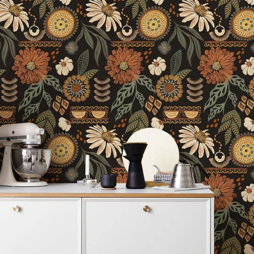 Miniatura 5 de Simon&Siff Papel tapiz bohemio para despegar y pegar, 17.3 x 1200 pulgadas, papel de contacto retro floral solar, papel de pared autoadhesivo Bronce