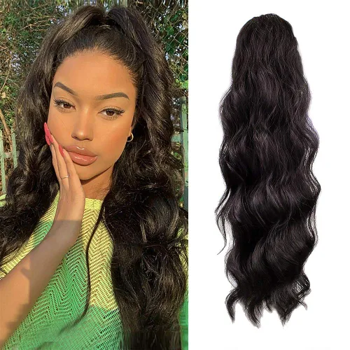 Miniatura 8 de KETHBE Extensión de pelo para cola de caballo de 24 pulgadas con onda corporal, sintética, resistente al calor, con cordón envolvente, rizada