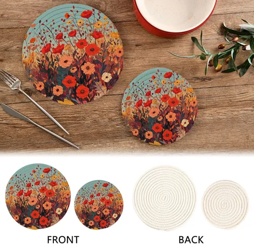 Miniatura 2 de Salvamanteles de flores de amapola otoñal para platos calientes, ollas y sartenes, salvamanteles tejidos de algodón, redondo, grande, decoración
