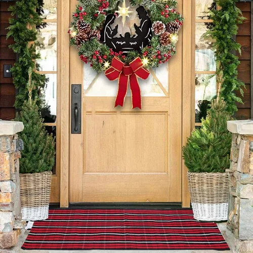Miniatura 15 de Alfombra de cuadros rojos y blancos de Navidad de 27.5 x 43 pulgadas, tejida a mano para interiores y exteriores, mezcla de algodón a cuadros