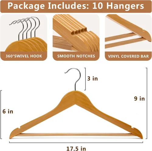 Miniatura 3 de Paquete de 10 perchas de madera antideslizantes con gancho giratorio de 360° y muescas, perchas sólidas y delgadas para camisa, traje, chaqueta