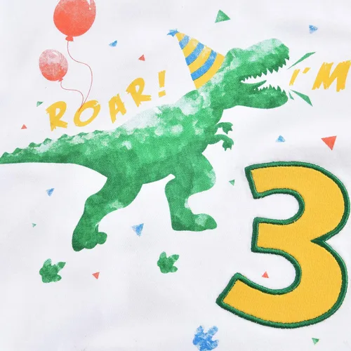 Miniatura 2 de WAWSAM Camiseta de cumpleaños para niño de 3 años, diseño de dinosaurio, de algodón, color blanco